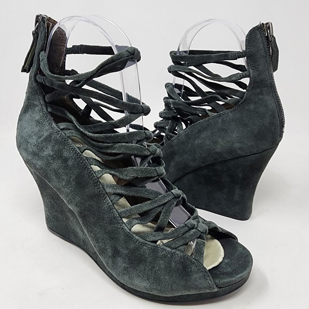 B. Makowsky Wedge Heels Women 6.5 Famie Green Suede strappy platform Peep Toe - Picture 2 of 9